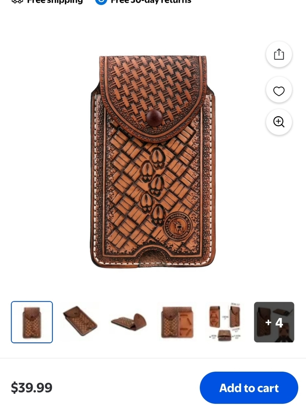 Tooled Brown Leather Phone Holster with Floral Motif